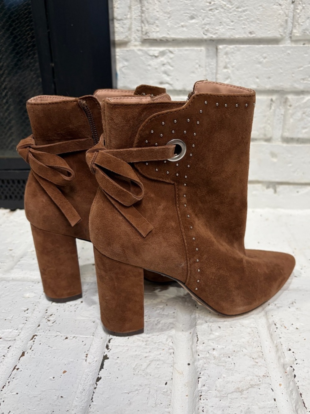Chelsea & Violet Suede Ankle Boots with Bow Accent - Brown